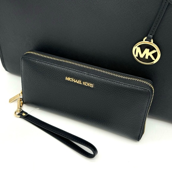 Michael Kors Large MF Pocket Shoulder Tote Bag & Continental Wallet Black/Gold - Picture 13 of 15